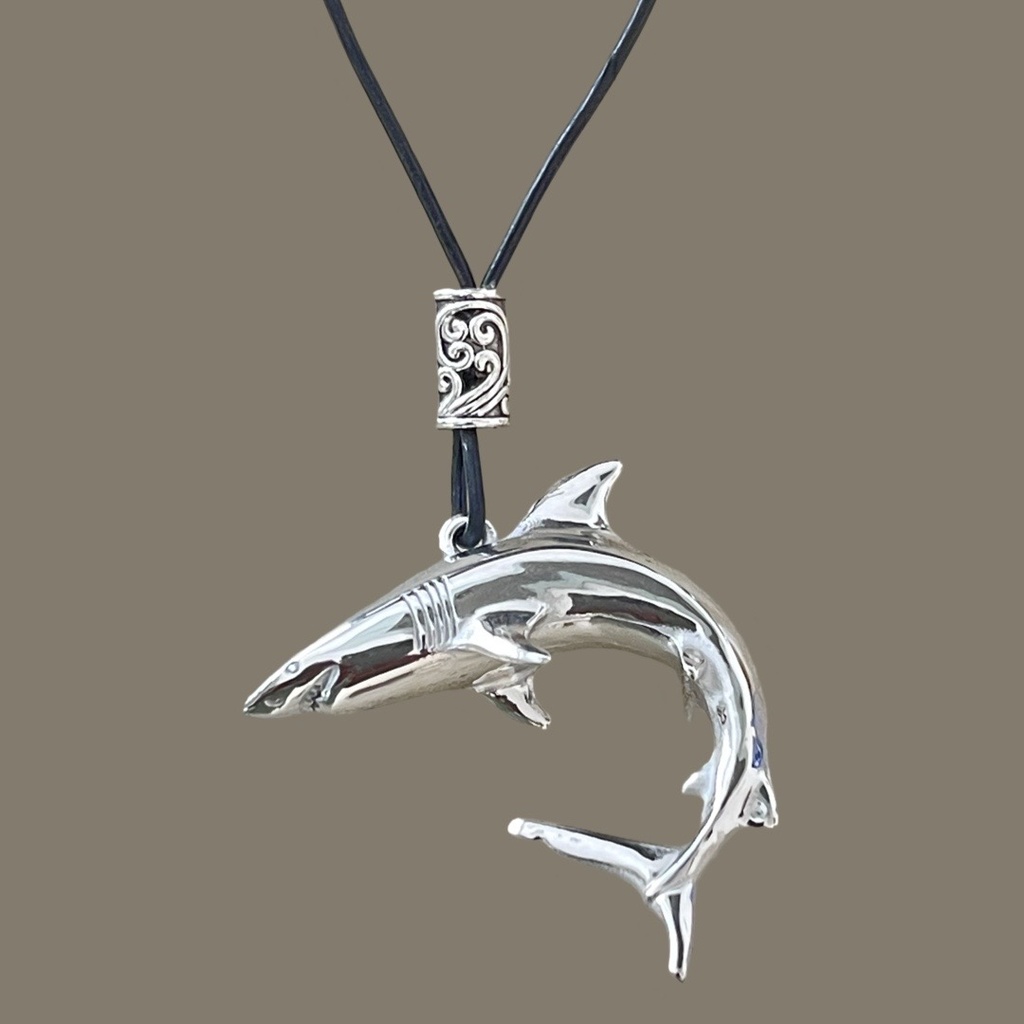 Great White Shark Silver Plated Pendant on Black Leather Cord