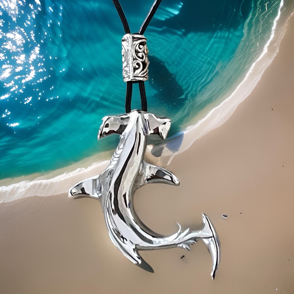 Hammerhead Shark Silver Plated Pendant on Black Leather Cord