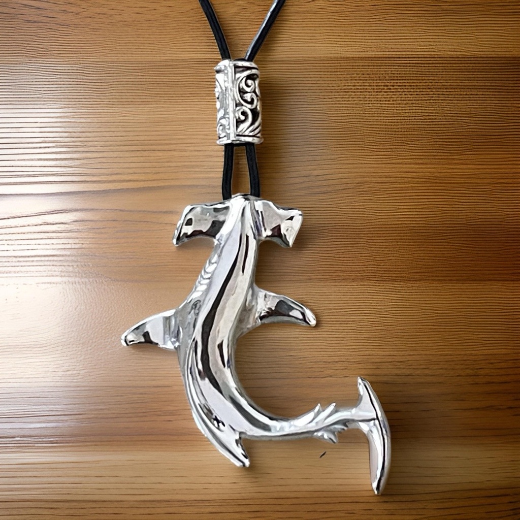 Pendant Hammerhead - Shark Silver Plated w/Black Leather Cord