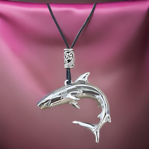 Pendant Great White Shark - Silver Plated  on Black Leather Cord